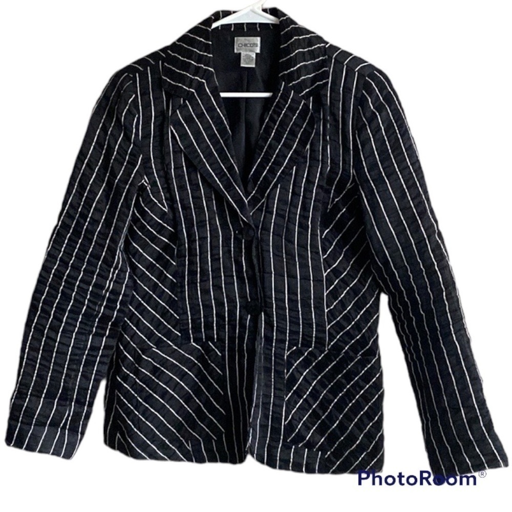 CHICO'S Linen Blend Crinkle Fully Lined Black & White Stripe Blazer Size M